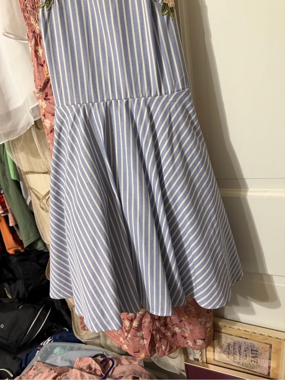 Jade Blue & White Striped Midi Dress with Pink Floral Appliqué - Picture 3 of 3